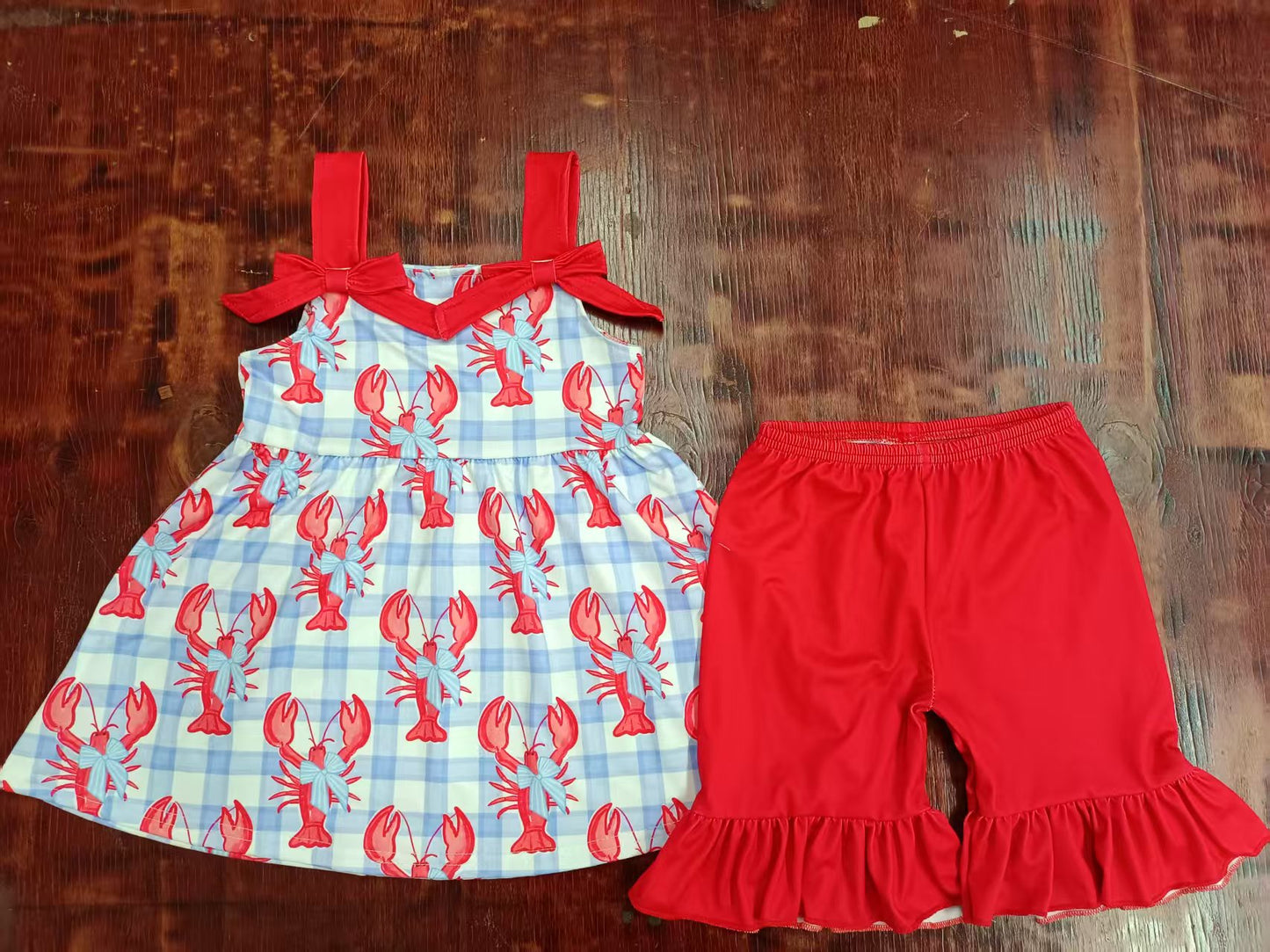 Preorder moq 5 Baby Girls Red Strap Crayfishes Bows Tunic Ruffle Short Set