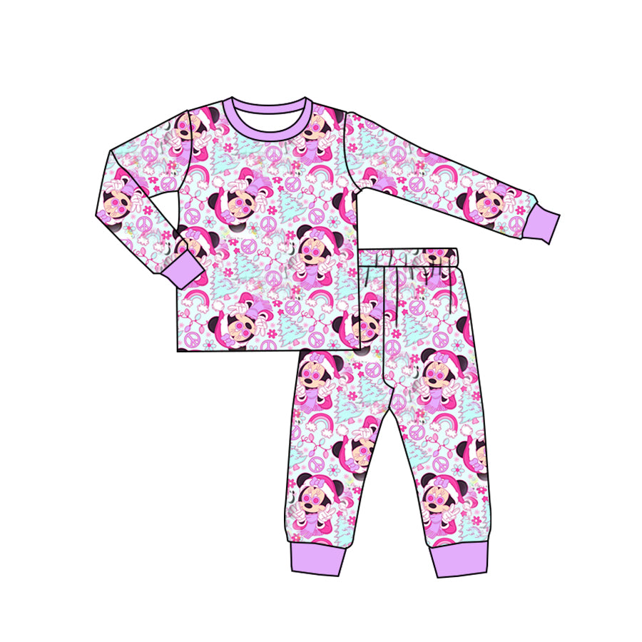 Baby Girls Christmas Lavender Mouse Tops Pants Pajamas Clothes Sets Preorder(moq 5)