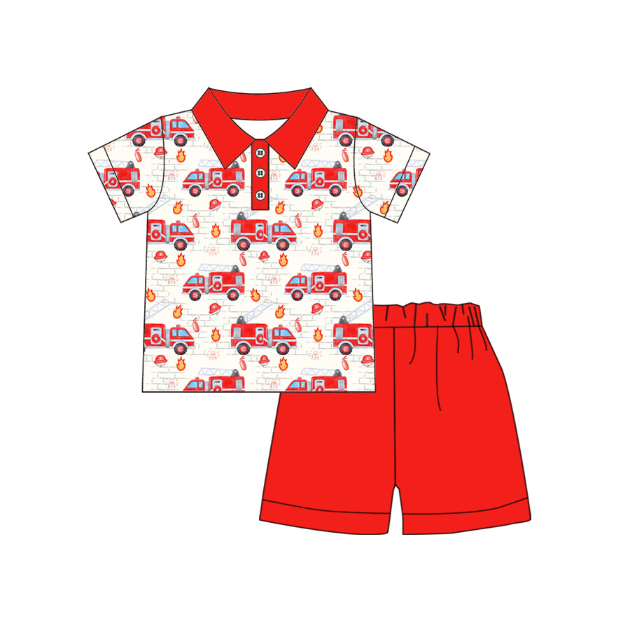 Baby Boys Firetruck Red Shirt Top Shorts Summer Clothes Sets Preorder(moq 5)