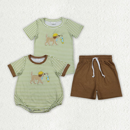 Sibling Baby Boys Embroidery Dog Fishing Stripe Top Short Hunting Clothes Set Rompers
