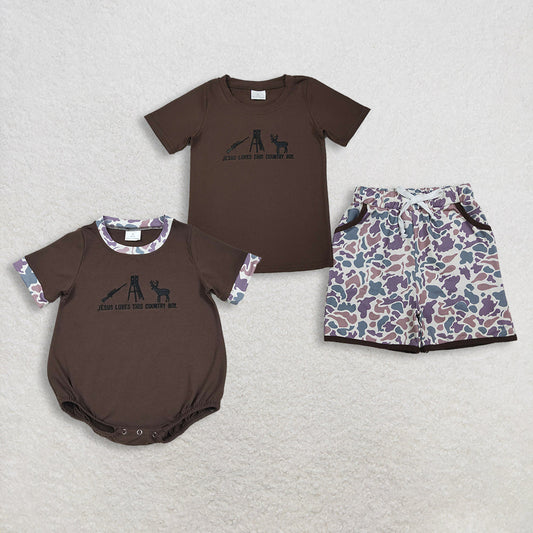 Sibling Baby Boys Embroidery Deer Hunting Pockets Camo Shorts Clothes Sets Rompers