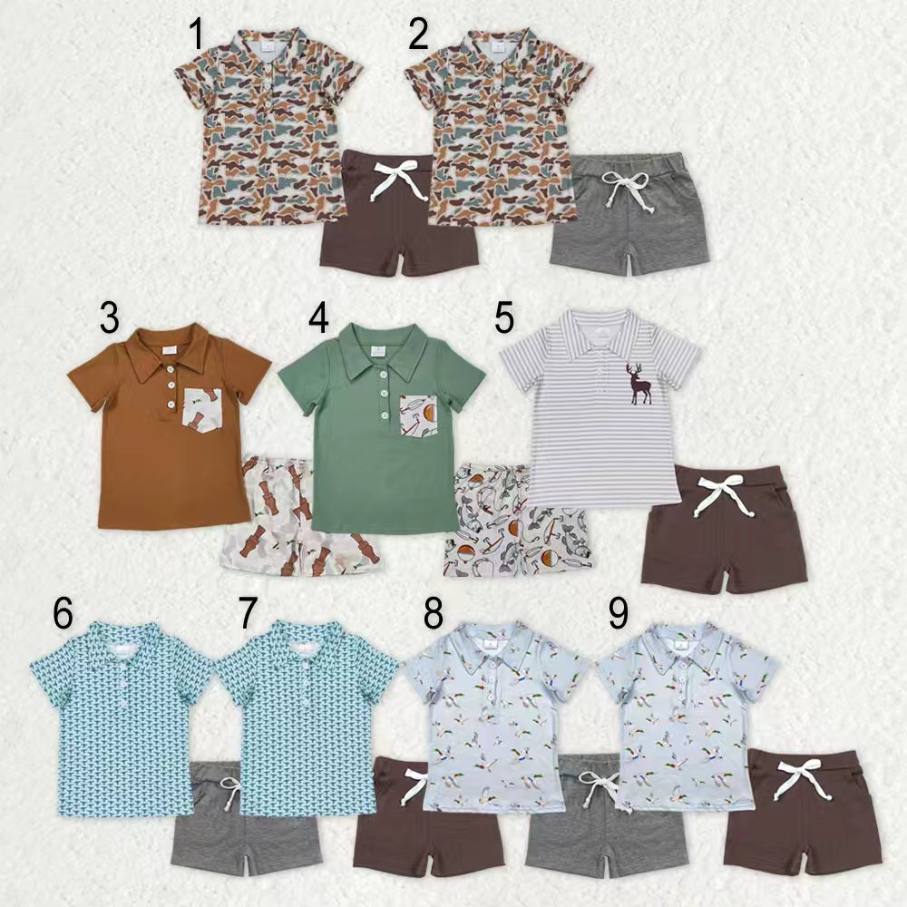 Sibling Baby Boys Deer Ducks Camo Button Polo Shirts Pockets Shorts Hunting Clothes Set