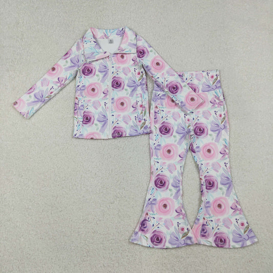 Baby Girls Purple Flowers Bows Zipper Jacket Bell Bottom Pant Yoga Active Clothes Sets