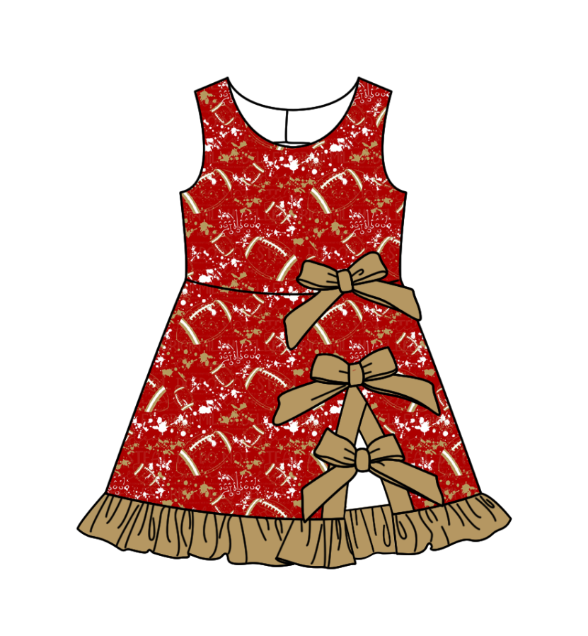 Preorder (moq 5)Baby Girls Tie-dye Footballs Print Team Bows Shorts Knee Length Dress