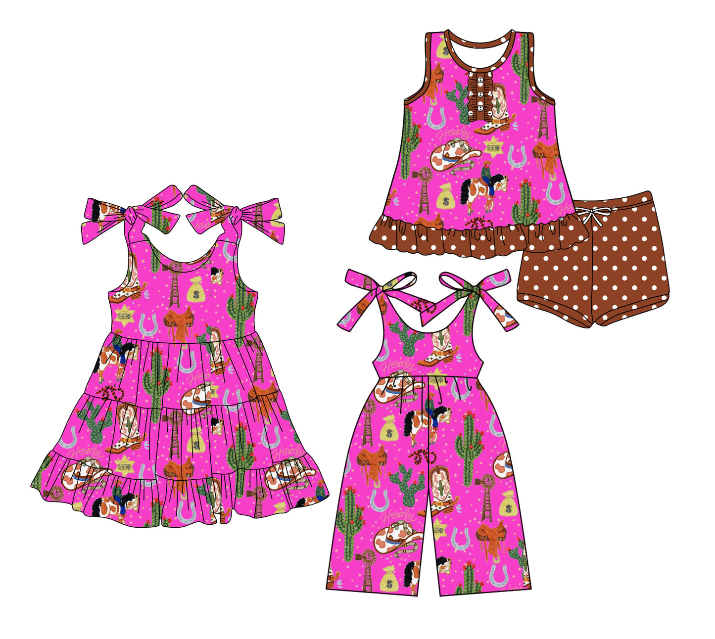 Preorder moq 5 Custom Baby Girls Cactus Horse Tunic Polka Dots Shorts Set Knee Length Dress Jumpsuits