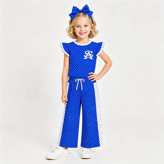 Preorder (moq 5)Baby Girls Flutter Sleeve SA Polka Dots Top Flare Pant Team Clothes