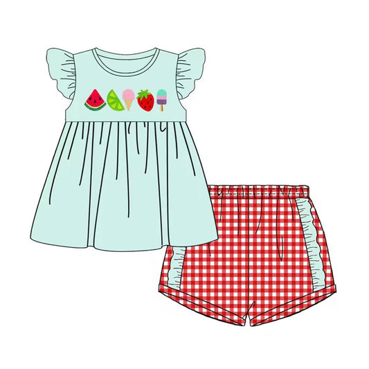 Baby Girls Fruits Flutter Sleeve Tunic Top Shorts Clothes Sets Preorder(moq 5)