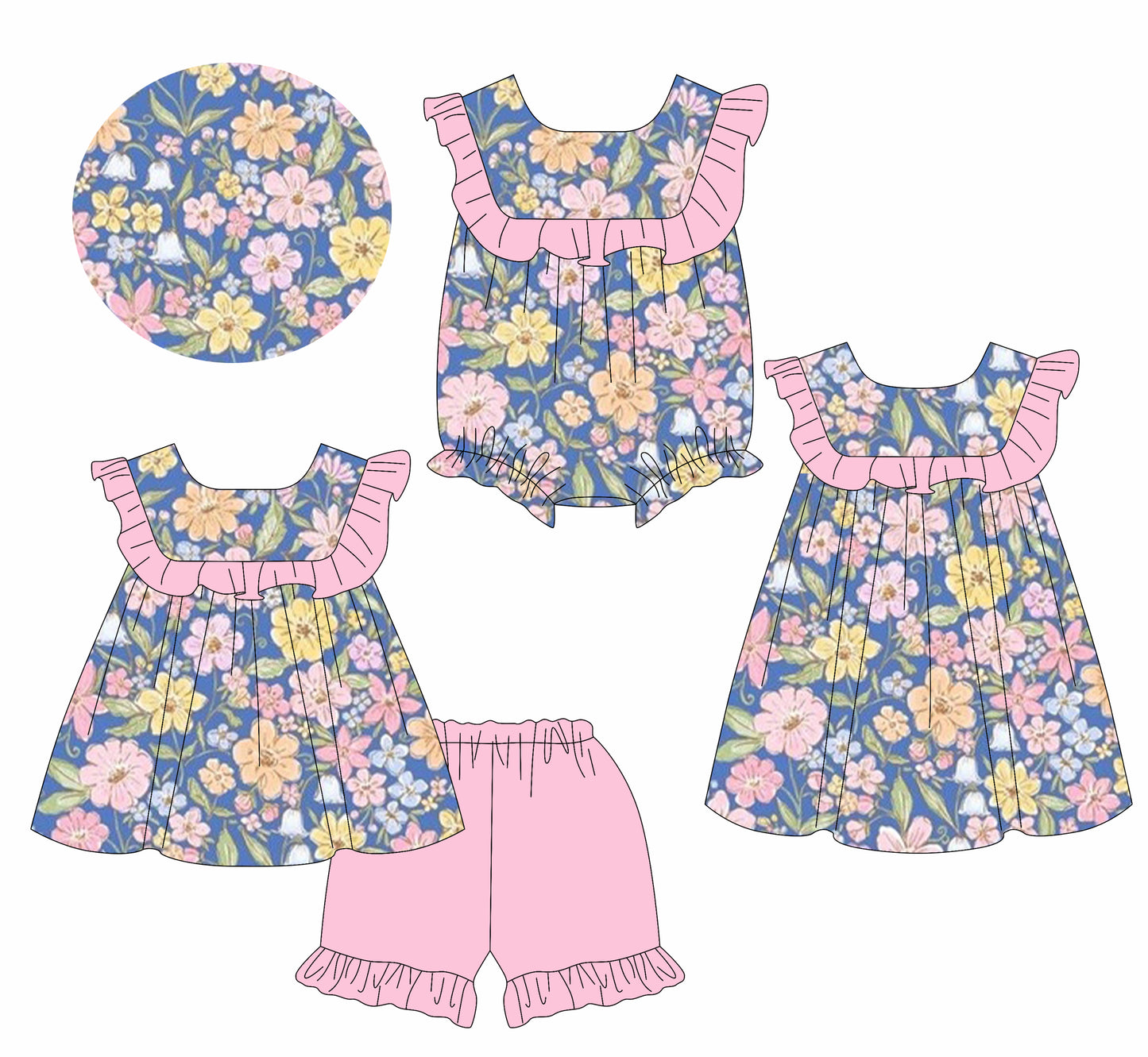 Preorder moq 5 Custom Baby Girls Sleeveless Floral Tunic Pink Ruffle Short Sets Knee Length Dress Rompers
