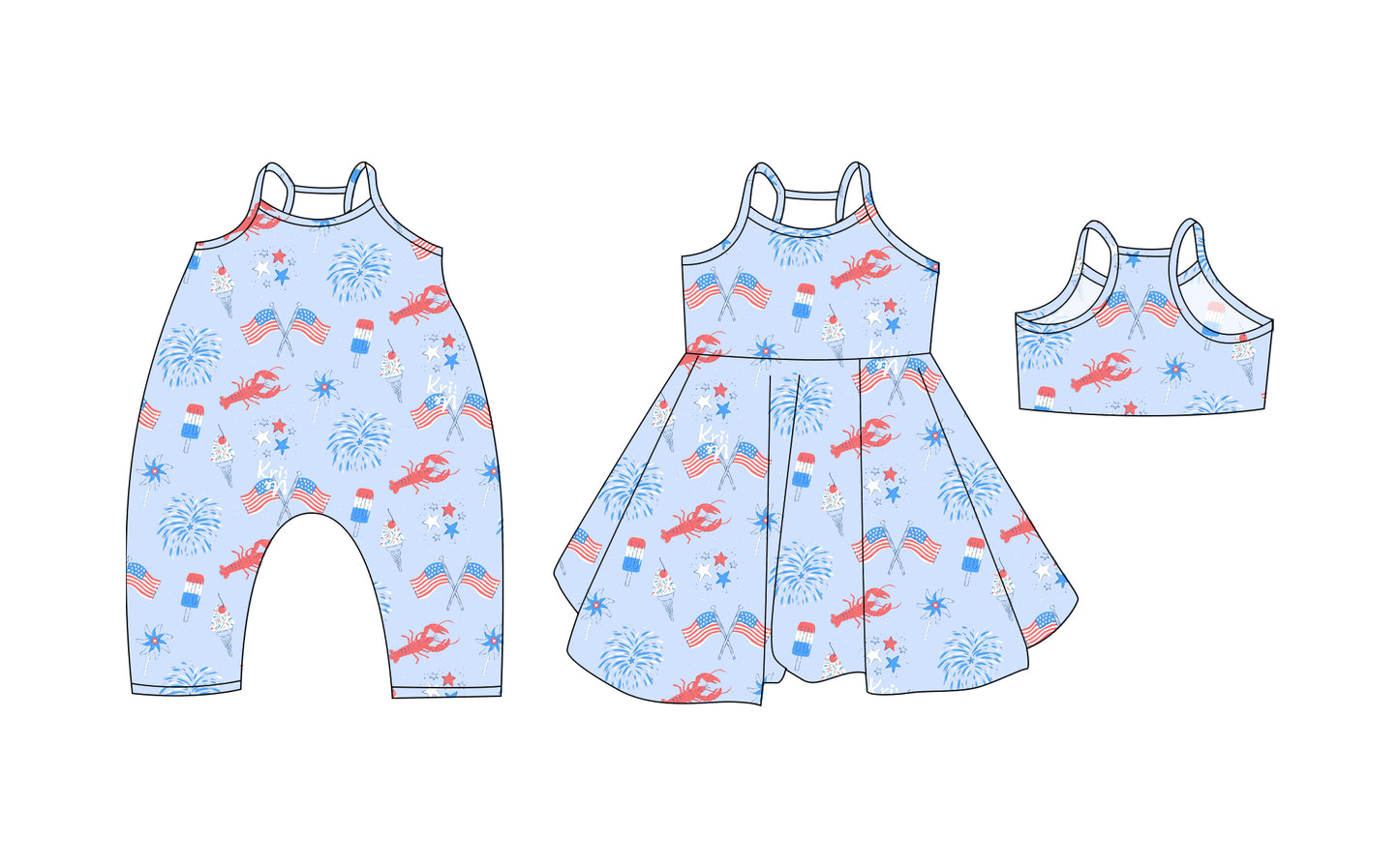 Preorder moq 5 Custom Baby Girls Blue Strap Flags Firework 4th Of July Knee Length Dresses Rompers
