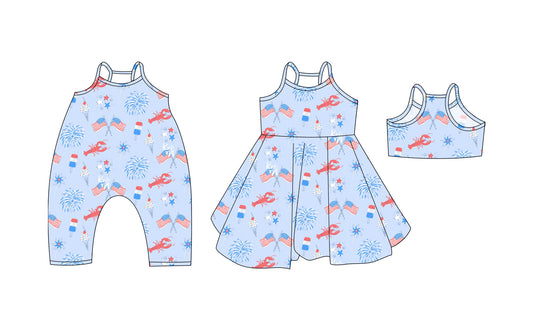 Preorder moq 5 Custom Baby Girls Blue Strap Flags Firework 4th Of July Knee Length Dresses Rompers