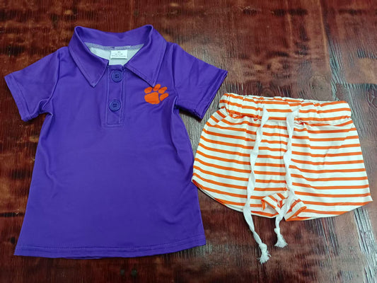 Preorder moq 5 Baby Boys Purple Short Sleeves Button Pawl Top Orange Stripe Shorts Set
