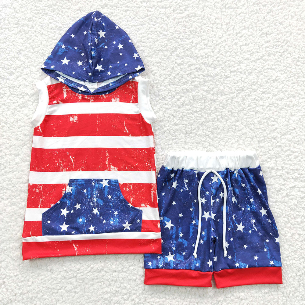 Baby Boys 4th Of July Star Hoodie Blue Shorts Sets
