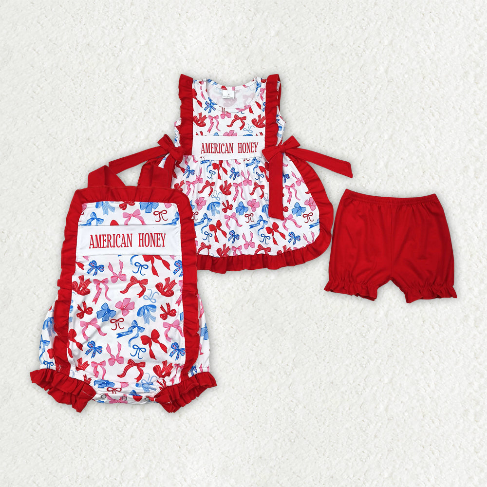 Sibling Baby Girls American Honey Bows 4th Of July Rompers Outfits