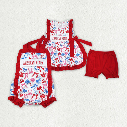 Sibling Baby Girls American Honey Bows 4th Of July Rompers Outfits