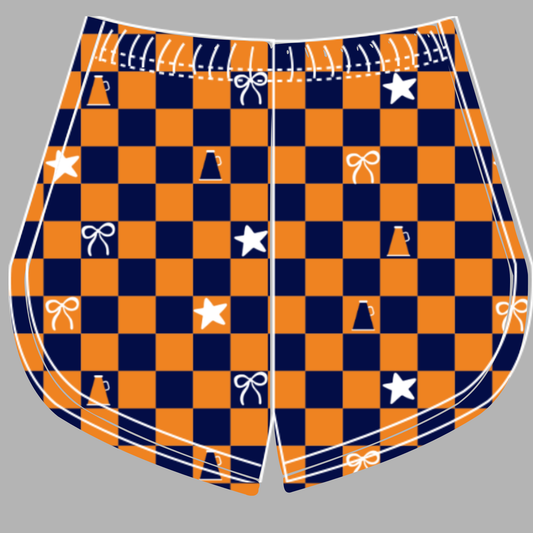 Preorder (moq 5)Baby Girls Orange Navy Checked Cheer Team Shorts Bottoms