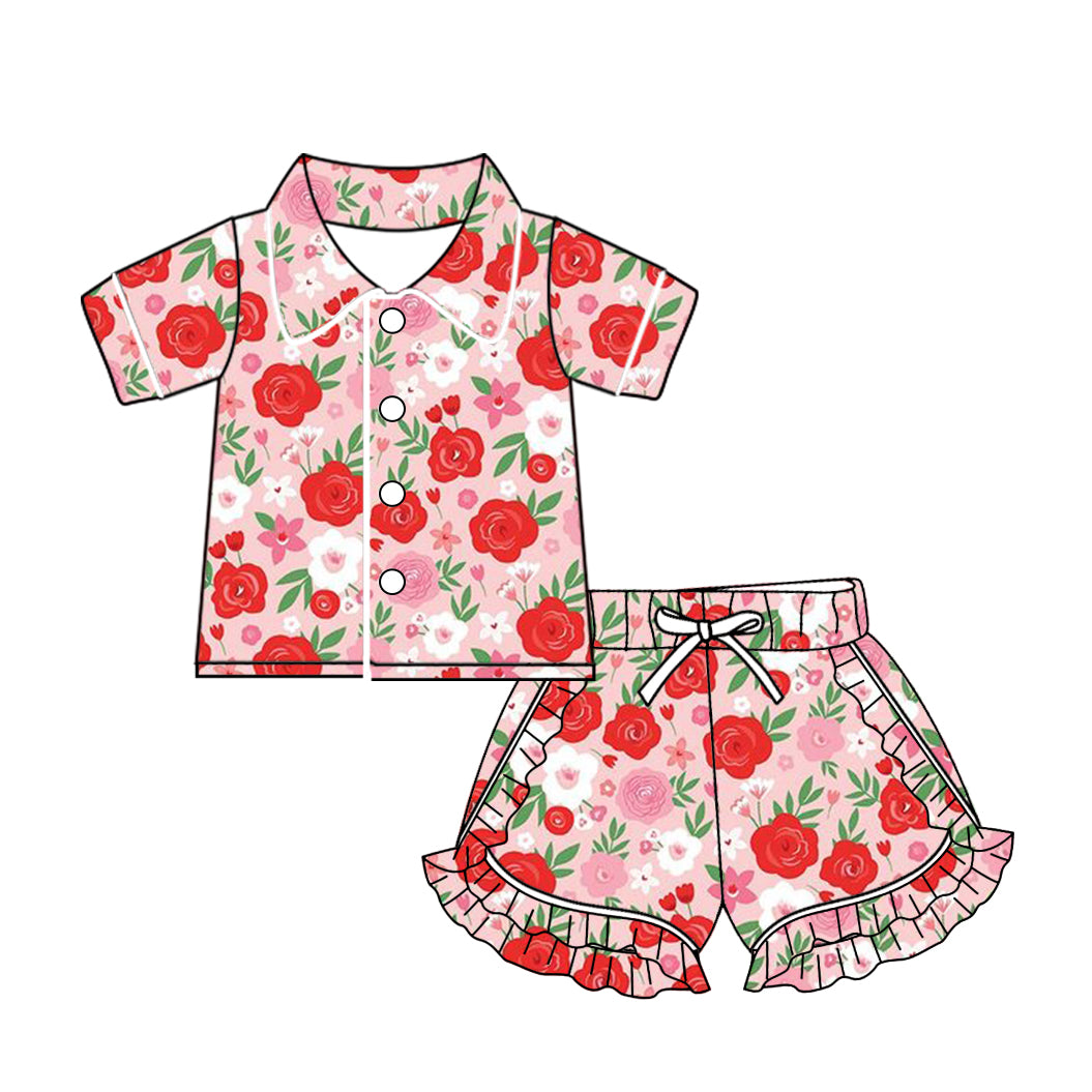 Baby Girls Red Flowers Buttons Top Ruffle Shorts Pajamas Sets preorder(MOQ 5)