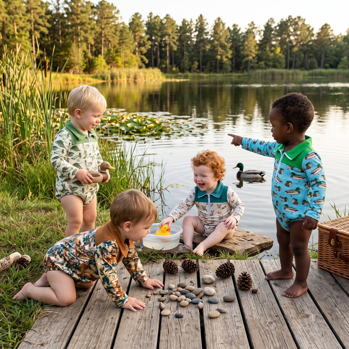 Sibling Baby Boys Long Sleeves Ducks Plaid Hunting Zipper Rompers