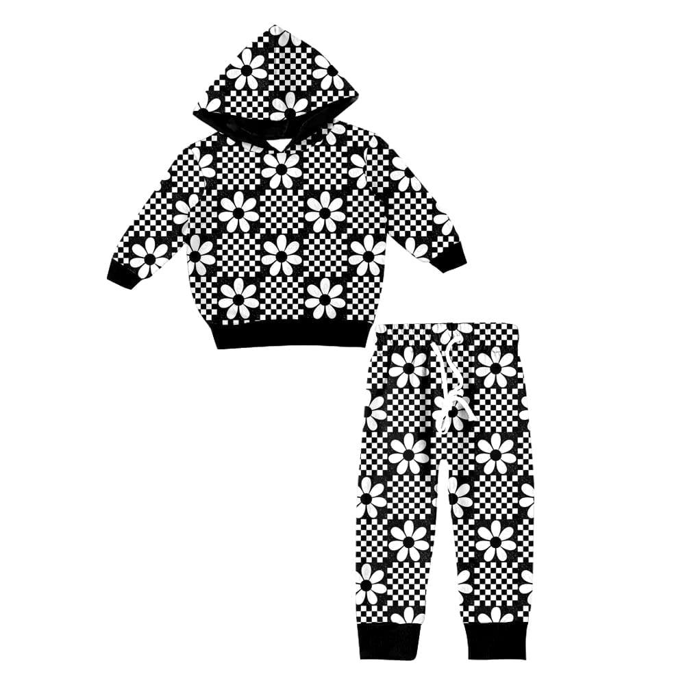 Preorder (moq 5)Baby Girls Black Flowers Hooded Top Pants Clothes Sets