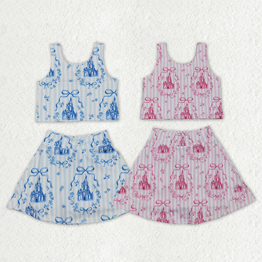 Sibling Baby Girls Sleeveless Bows Castles Vest Skirt Shorts Yoga Active Clothes Sets