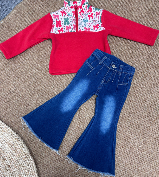 Baby Girls Green Red Bows Plaid Zip Pullovers Denim Jeans Christmas Clothes Sets