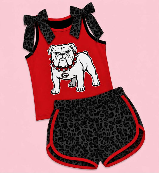 Preorder (moq 5)Baby Girls Bulldog Team Bows Shirts Leopard Shorts Clothes Sets