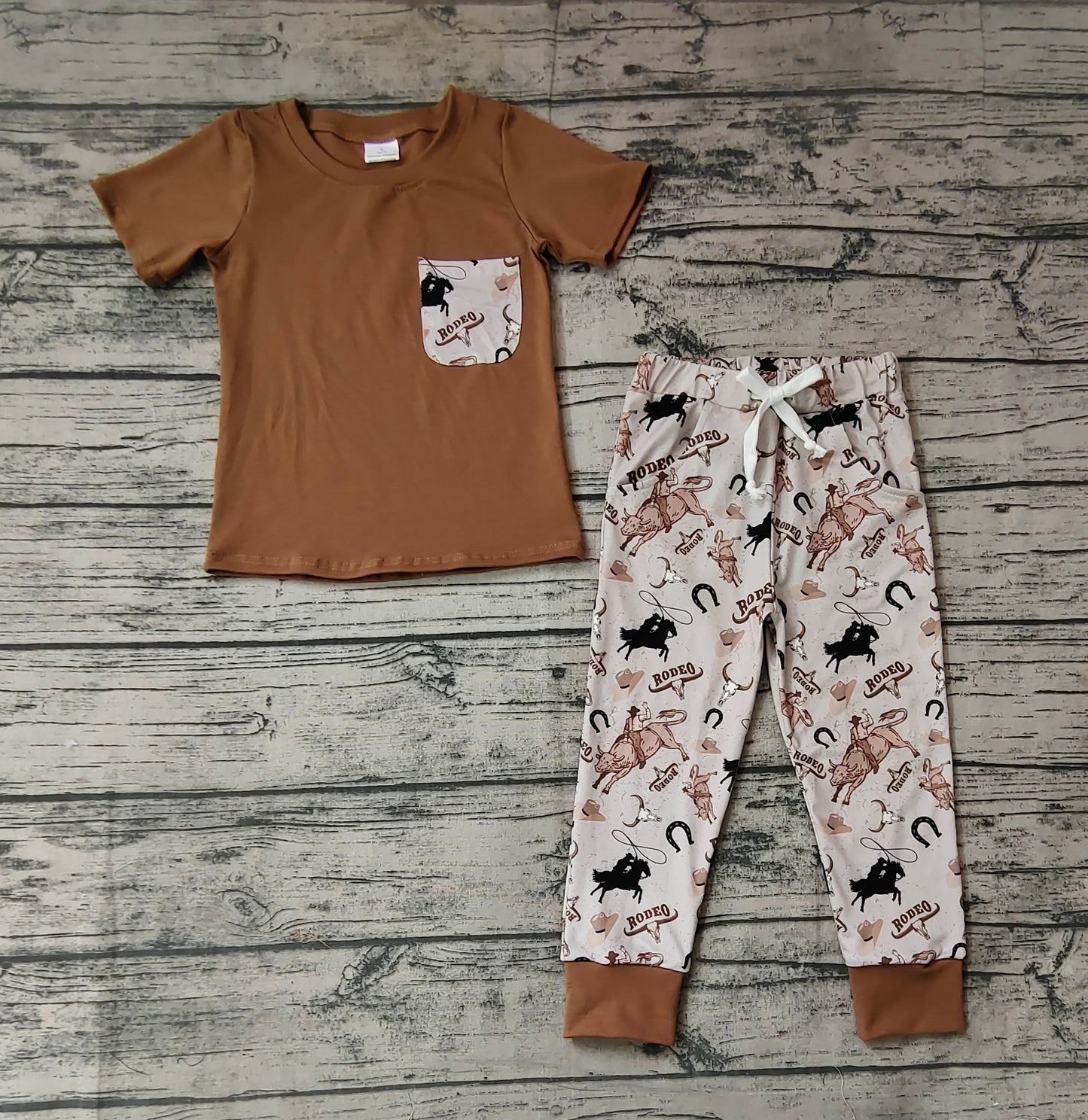 Baby Boys Brown Pocket Tee Shirts Western Rodeo Pants Clothes Sets