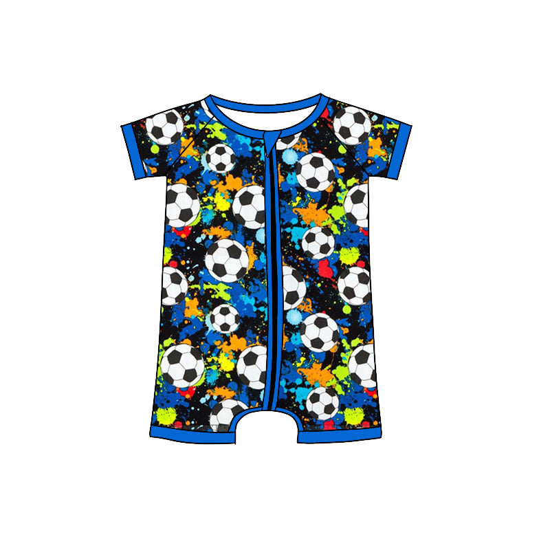 Baby Boys Blue Football Short Sleeve Zip Rompers preorder(moq 5)