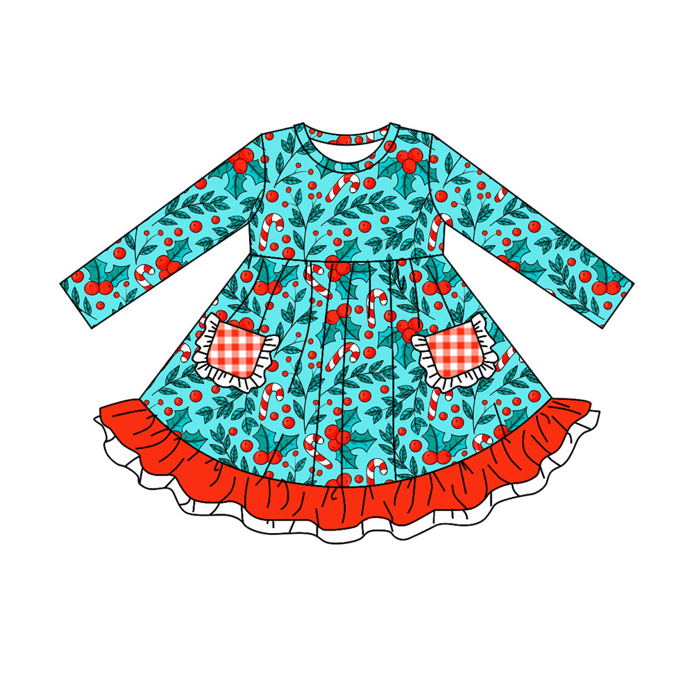 Baby Girls Christmas Candy Cane Ruffle Knee Length Dresses Preorder(moq 5)