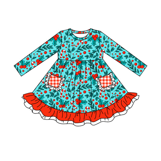 Baby Girls Christmas Candy Cane Ruffle Knee Length Dresses Preorder(moq 5)