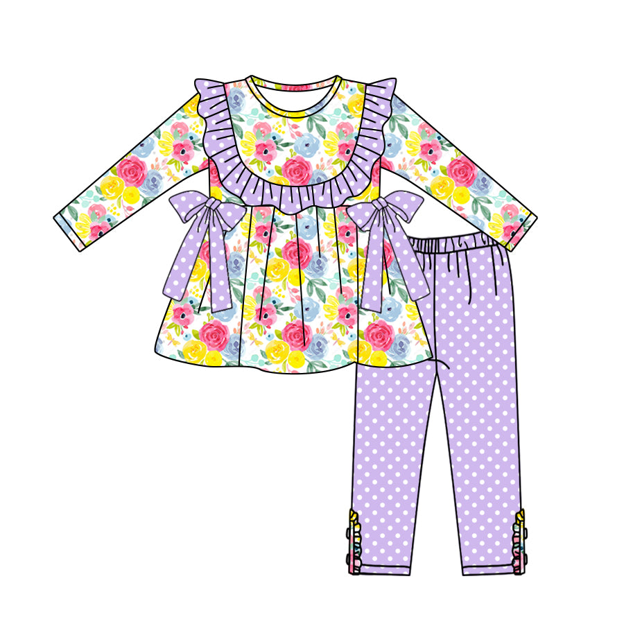 Baby Girls Purple Flowers Tunic Top Legging Outfits Clothes Sets Preorder(moq 5)