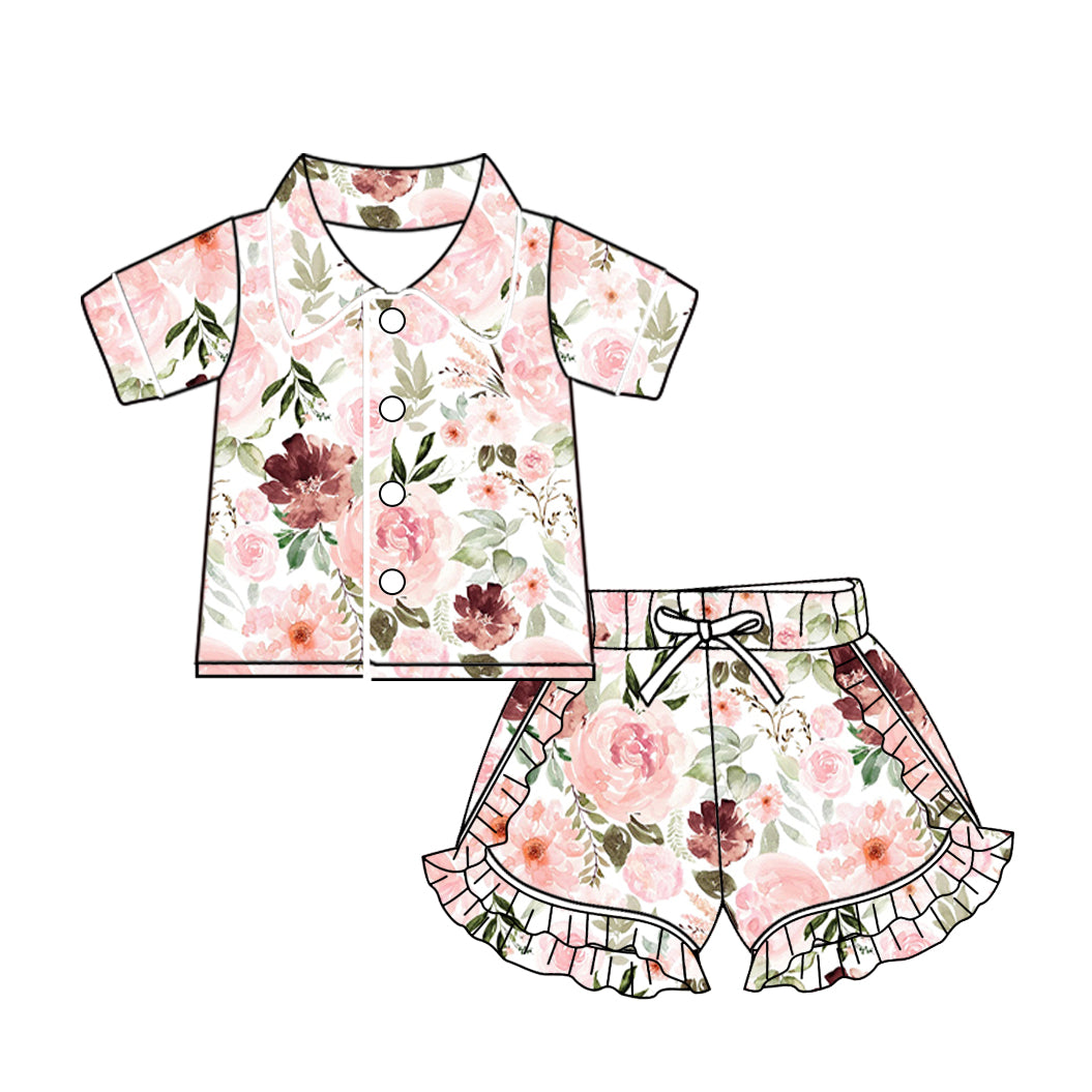 Baby Girls Wine Flowers Buttons Top Ruffle Shorts Pajamas Sets preorder(MOQ 5)