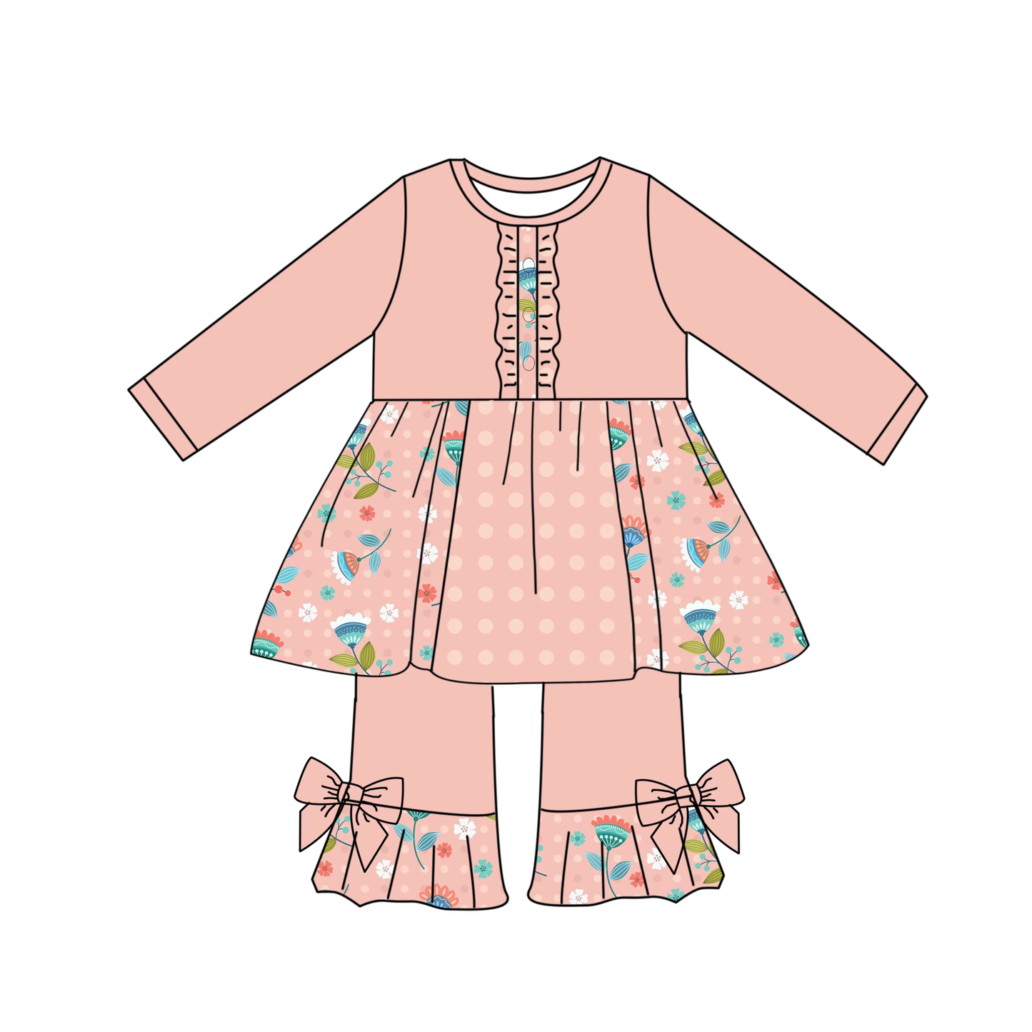 Preorder (moq 5)Baby Girls Peach Flower Polka Dots Button Tunic Ruffle Pant Clothes Sets