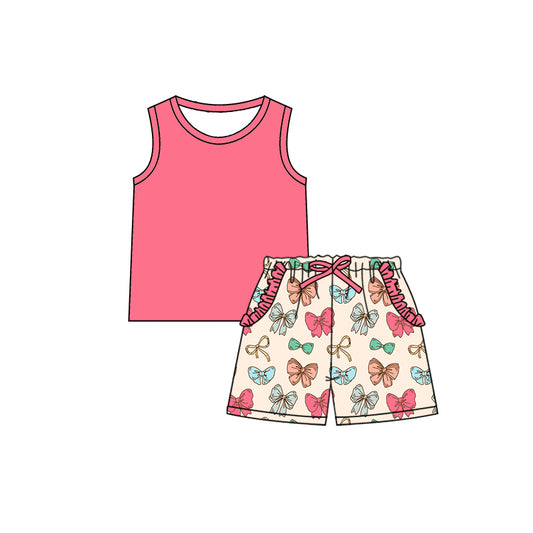 Preorder (moq 5)Baby Girls Hot Pink Sleeveless Shirt Colorful Bows Ruffle Pockets Shorts Clothes Sets