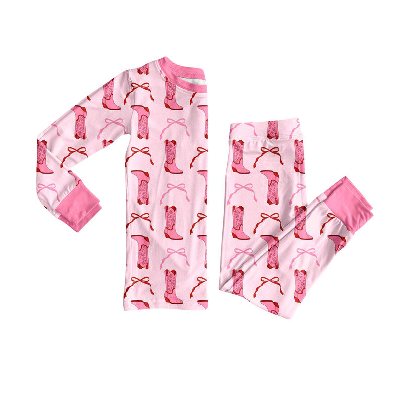 Preorder (moq 20)Baby Girls Bamboo Pink Bows Boots Valentine Pajamas Sets