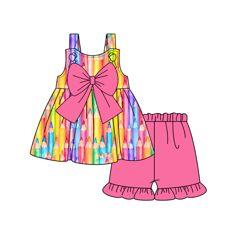 Preorder (moq 5)Baby Girls Back To School Penciles Bows Tunic Top Shorts Clothes Sets