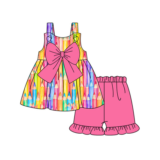 Preorder (moq 5)Baby Girls Back To School Penciles Bows Tunic Top Shorts Clothes Sets