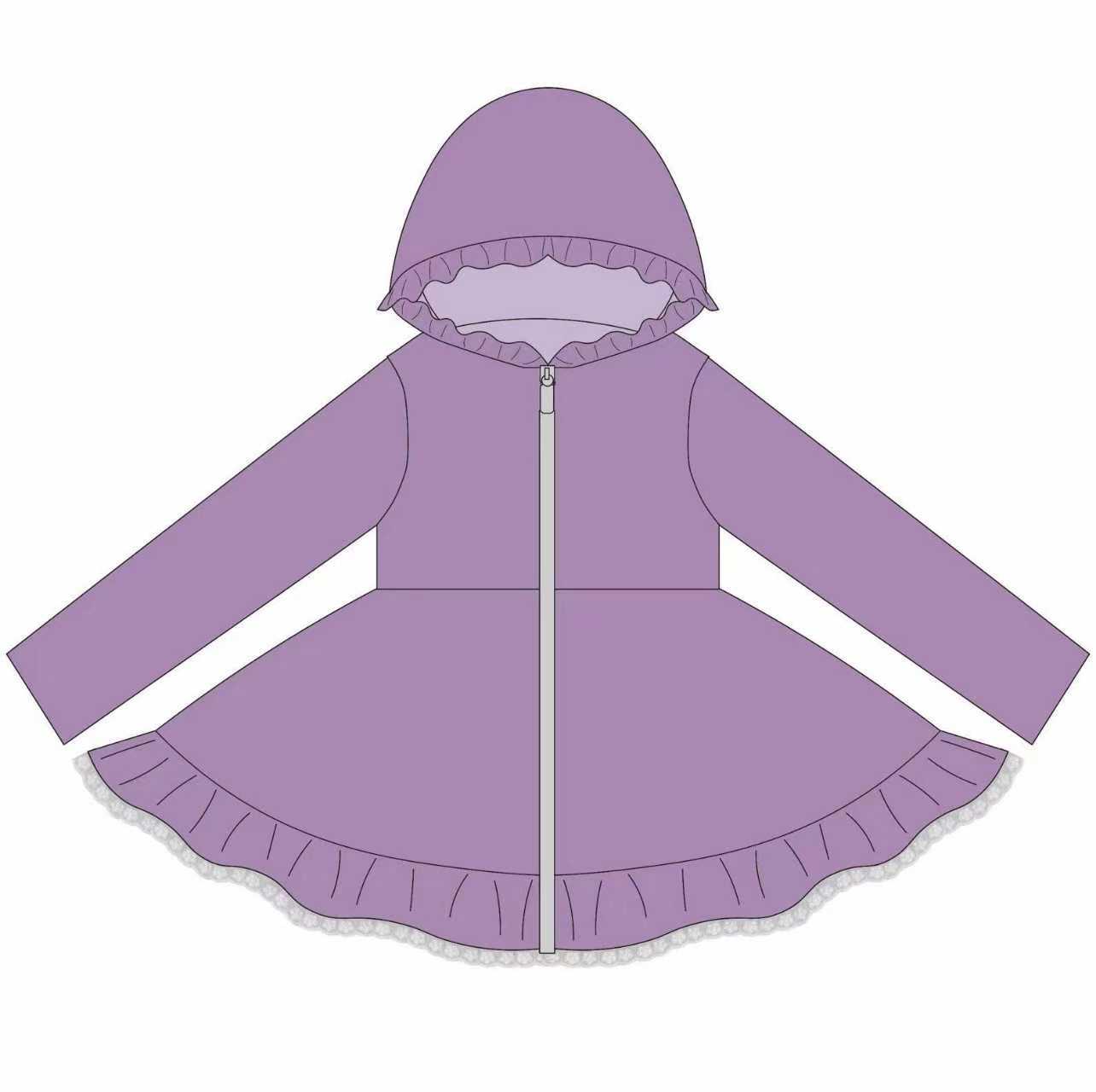 Preorder (moq 5)Baby Girls Lavender Long Sleeve Zipper Ruffle Hoodie Knee Length Dresses