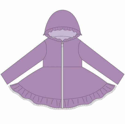 Preorder (moq 5)Baby Girls Lavender Long Sleeve Zipper Ruffle Hoodie Knee Length Dresses