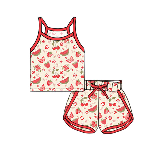 Preorder (moq 5)Baby Girls Peach Strap Floral Strawberry Top Short Sport Set Preorder