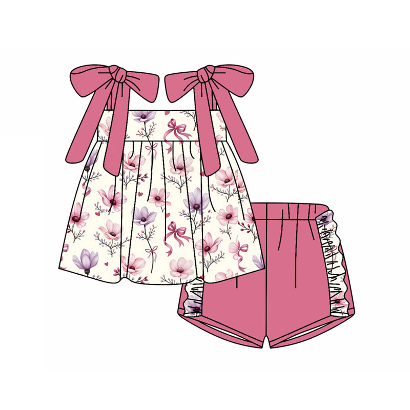 Preorder (moq 5)Baby Girls Hot Pink Strap Flower Bows Tunic Ruffle Shorts Clothes Sets