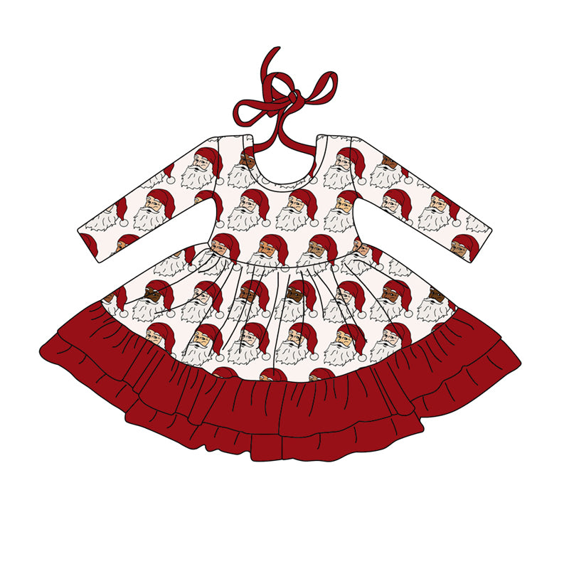 Preorder (moq 5)Baby Girls Long Sleeves Red Santa Plaid Ruffle Knee Length Dresses