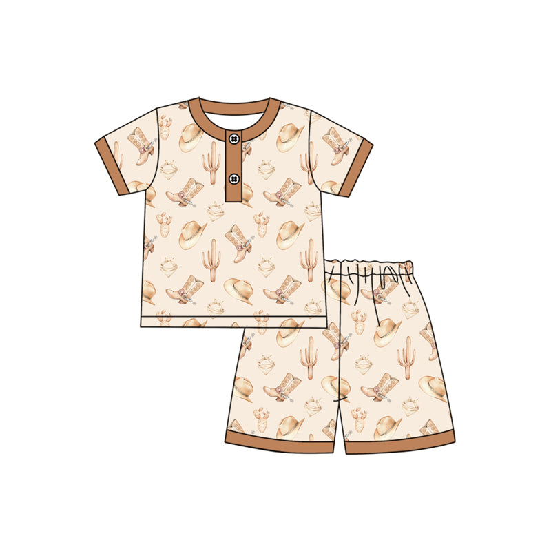 Preorder moq 5 Baby Boys Khaki Short Sleeves Boots Cactus Button Top Short Pajamas Set