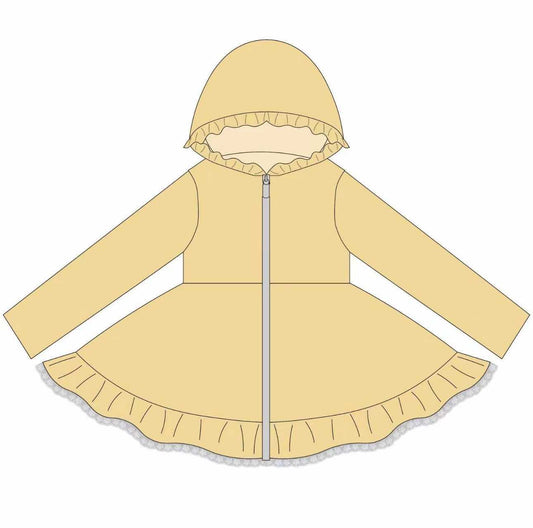 Preorder (moq 5)Baby Girls Yellow Long Sleeve Zipper Ruffle Hoodie Knee Length Dresses