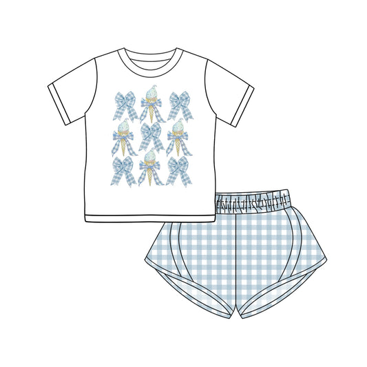 Preorder (moq 5)Baby Girls Short Sleeves Bows Ice Cream Top Blue Plaid Yoga Short Set