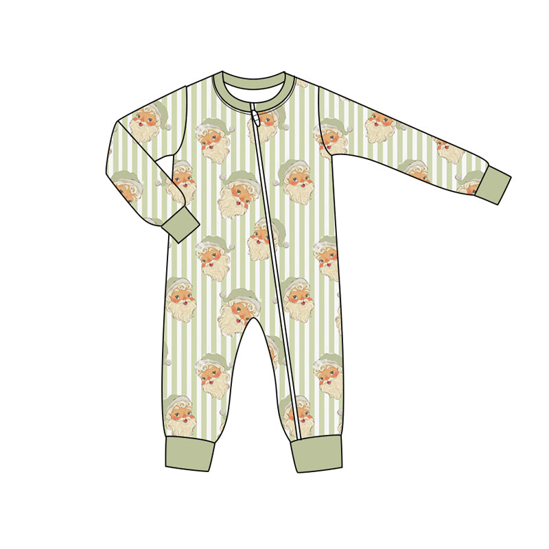 Preorder moq 5 Baby Infant Boys Long Sleeves Green Stripes Santa Plaid Zipper Romper