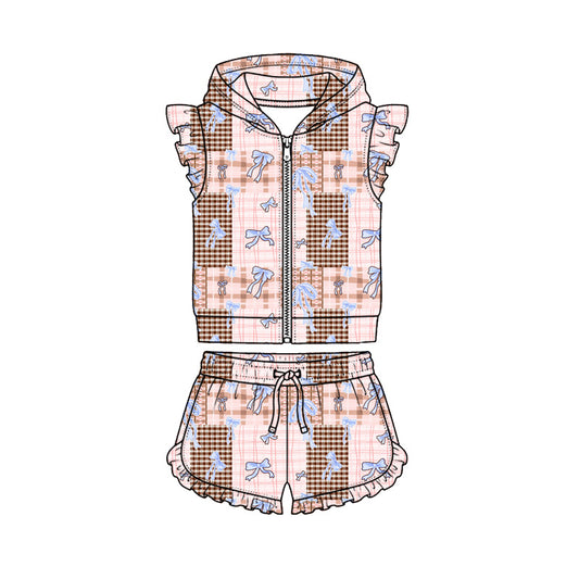 Preorder (moq 5)Baby Girls Bows Checked Hoodie Zip Jacket Ruffle Short Clothes Sets