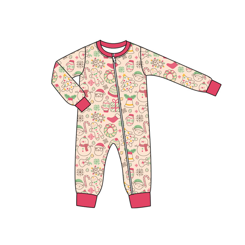 Preorder moq 5 Baby Infant Girls Long Sleeves Pink Santa Gingerbread Plaid Zipper Romper