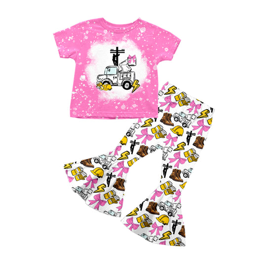 Preorder (moq 5)Baby Girls Pink Short Sleeves Line Men Top Lightning Bell Bottom Pant Set