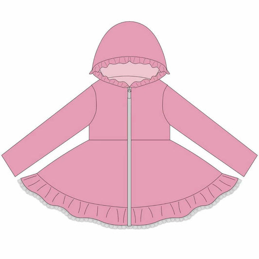 Preorder (moq 5)Baby Girls Pink Long Sleeve Zipper Ruffle Hoodie Knee Length Dresses