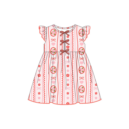 Preorder (moq 5)Baby Girls Flutter Sleeves Pink Bows Flowers Stripes Knee Length Dresses
